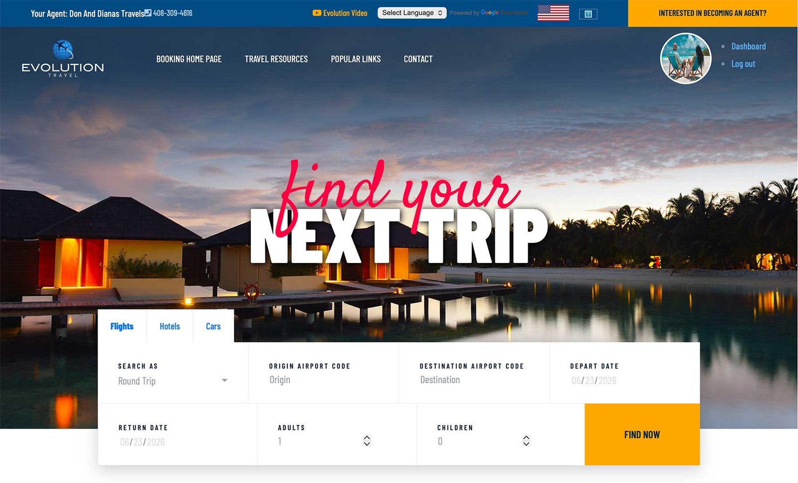 Don and Diana's Travels booking portal for flights, hotels, cruises, and vacation packages